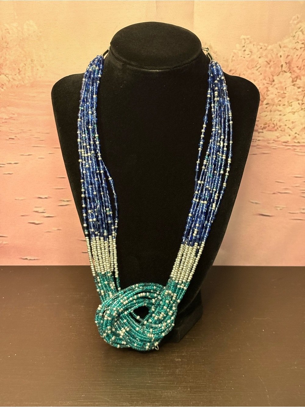 Erica Lyons multi strand glass bead necklace navy blue green central knot. PO